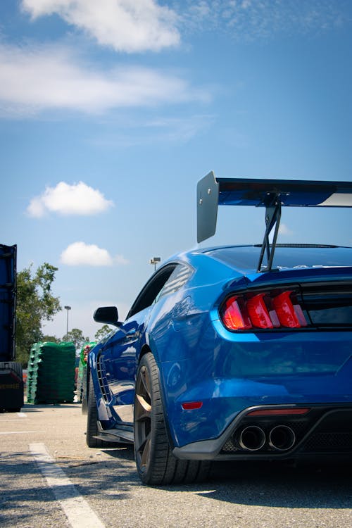 Rear of Blue Ford Mustang