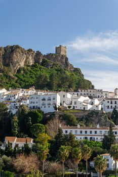 Picturesque white village and castle in Zahara de la Sierra, Spain.