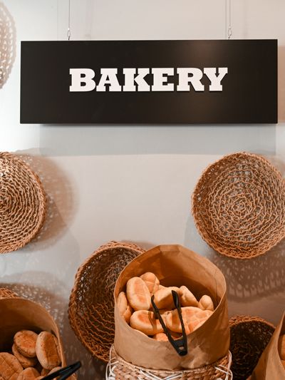 Pastries arranged on display shelf