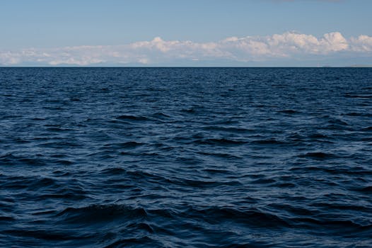 A tranquil ocean scene with gentle waves under a cloudy horizon, capturing nature's peacefulness.