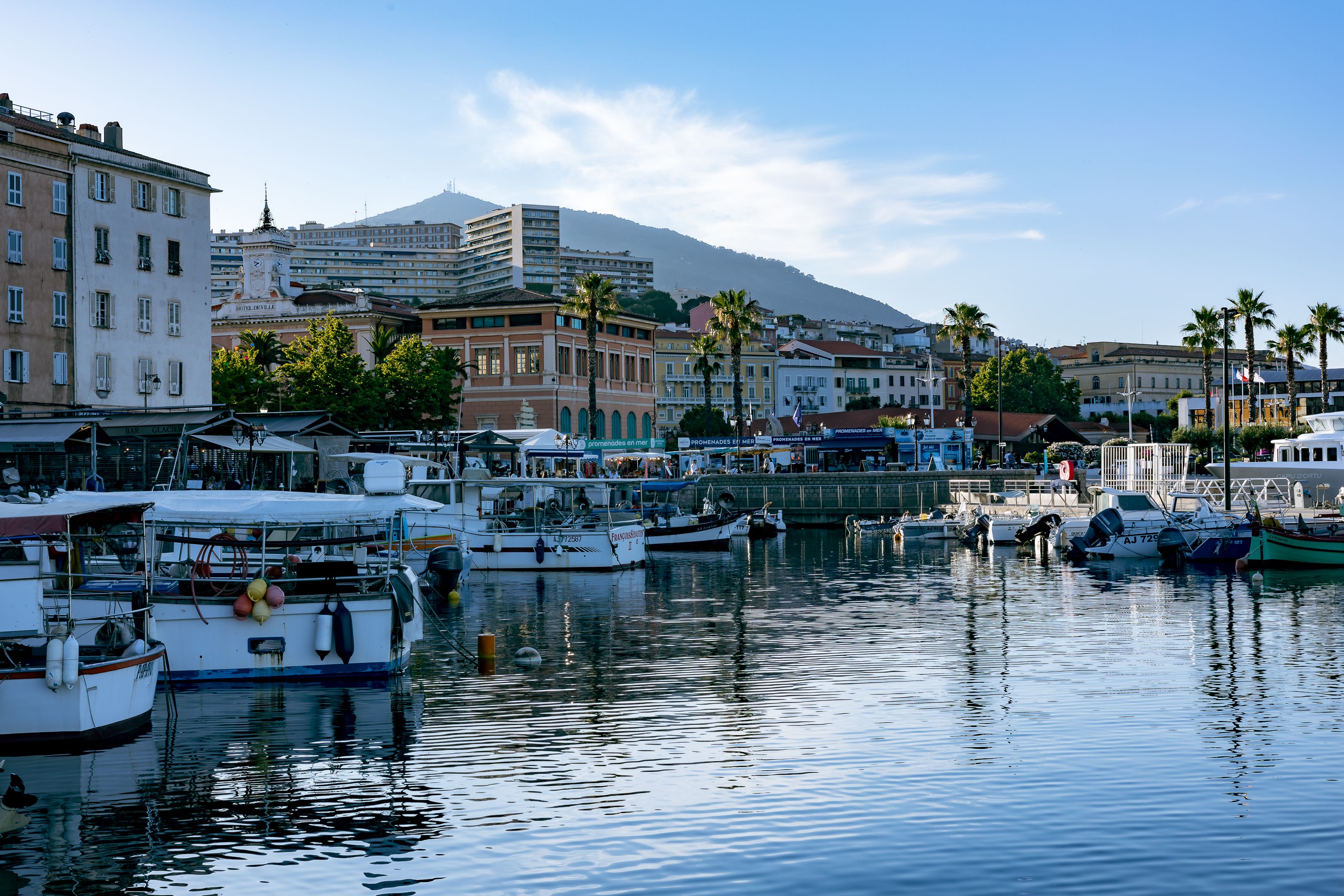 Peaceful harbor in Ajaccio, Corsica with moored boats reflecting cityscape and mountain backdrop.