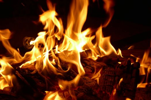 A detailed close-up of vibrant flames on burning logs, capturing the warmth and energy of fire.