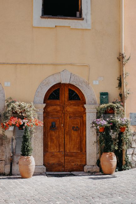 Vintage wooden door with floral decor and potted plants in a rustic facade.
