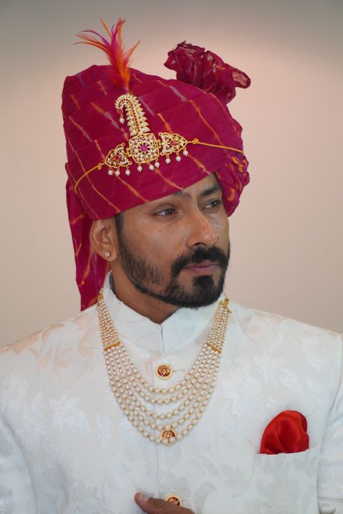 Free Man wearing a traditional Indian turban and jewelry, exuding elegance and cultural heritage. Stock Photo