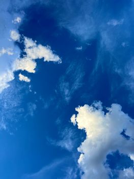 A clear blue sky with fluffy white clouds, perfect for weather and nature themes.