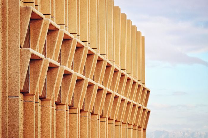 Timber louvred facade of a contemporary building
