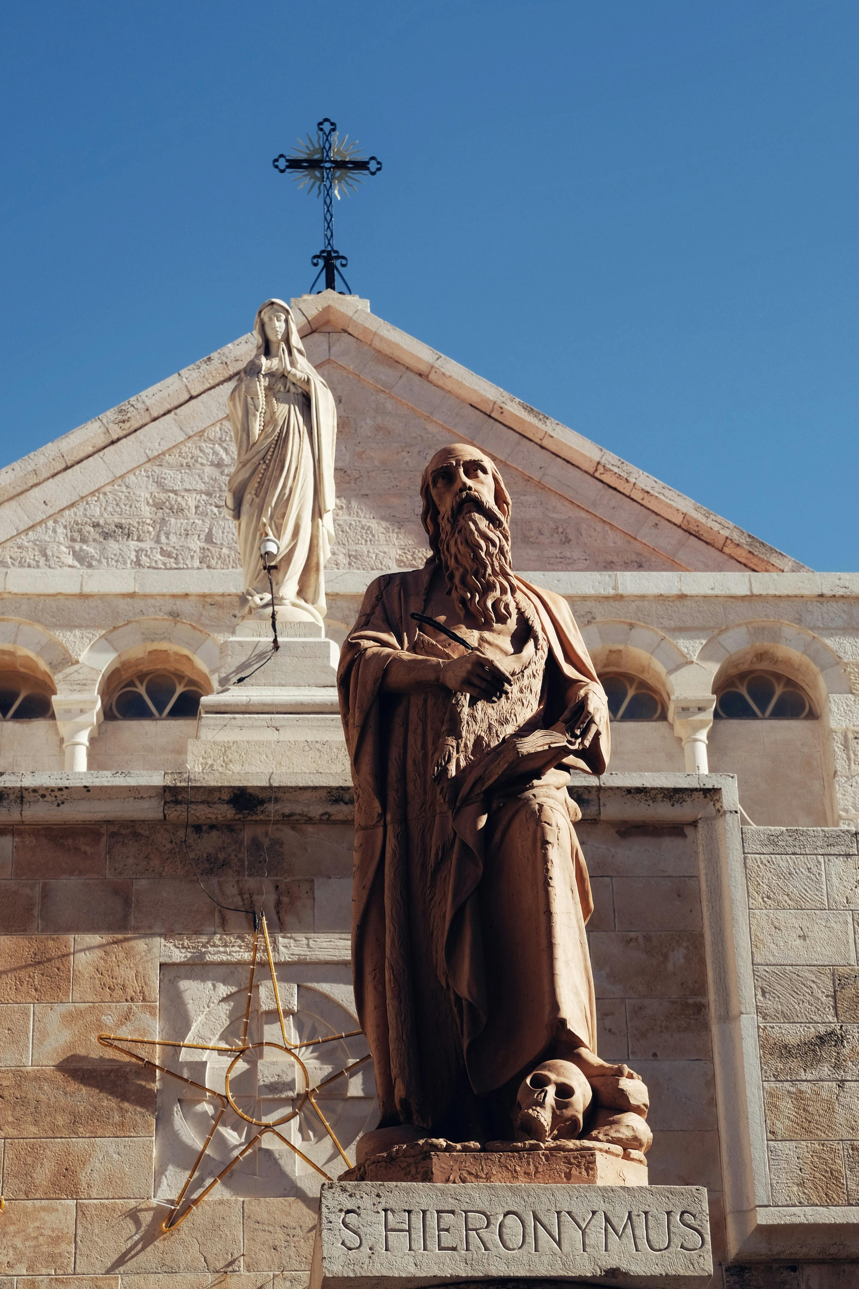 Statue of St. Jerome at the historic Church of St. Catherine in Bethlehem, Palestine.