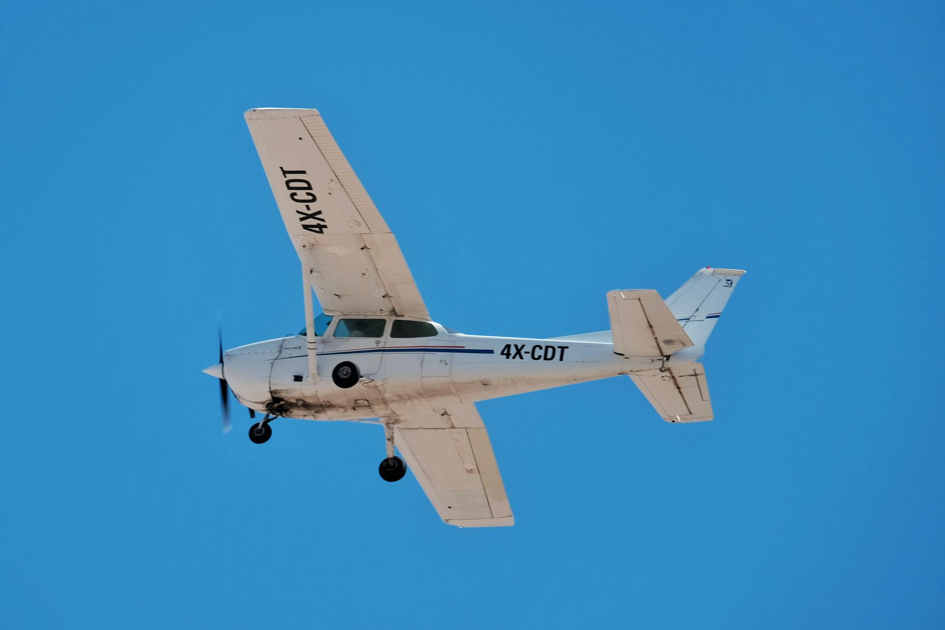 A vintage propeller airplane flying high against a clear blue sky, illustrating freedom and aviation technology.