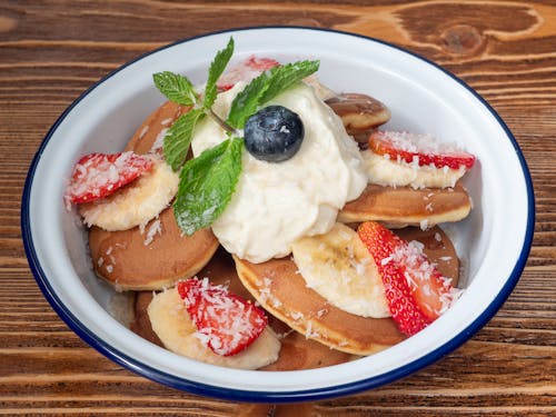 Close-up of a Bowl of Pancakes with Fruits