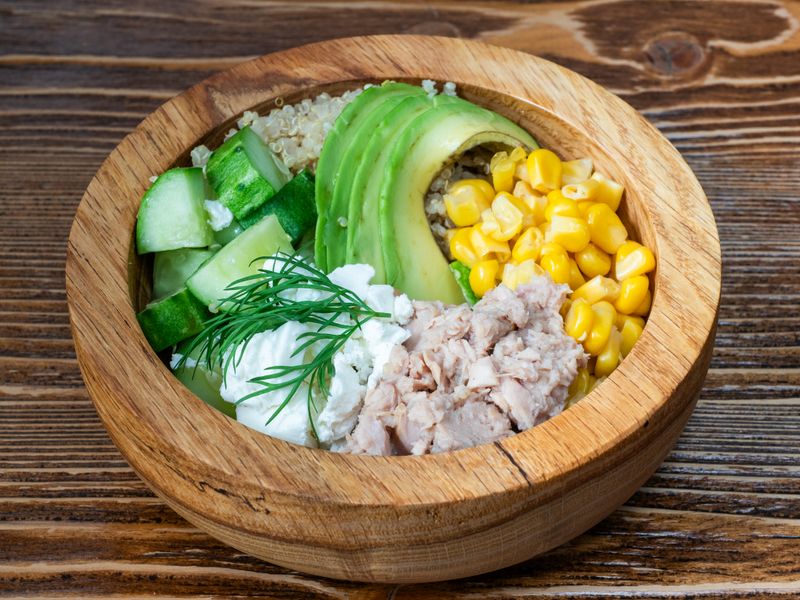 quinoa black bean bowl with corn and avocado