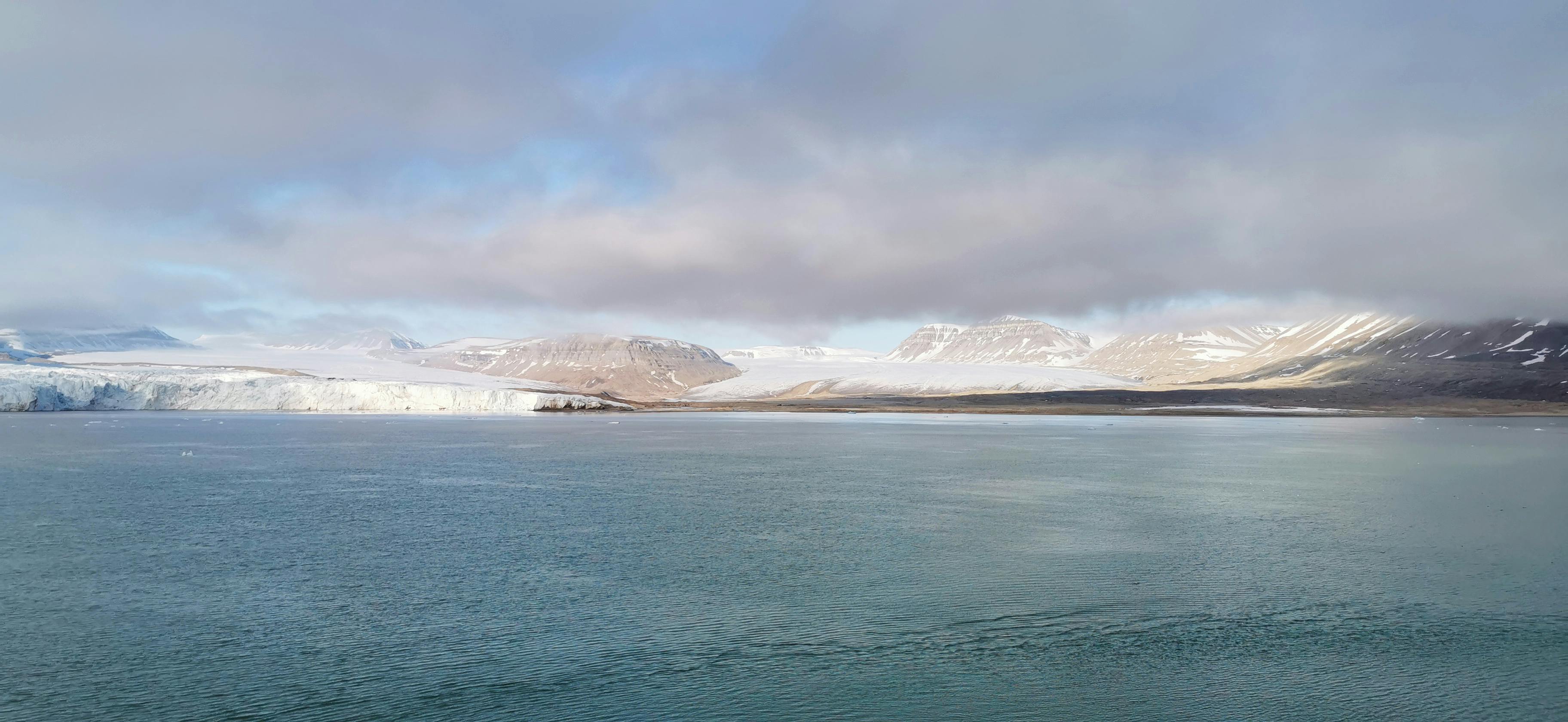 Breathtaking view of an icy Arctic coastline with glaciers and mountains beneath a cloudy sky.