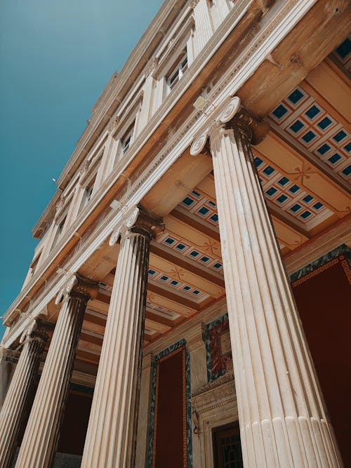 Low Angle Shot of the Academy of Athens Columns and Ceiling 