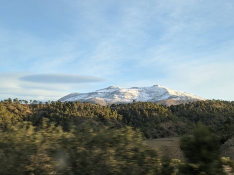 Serene view of snowcapped mountains and green forests under a blue sky in Algeria.