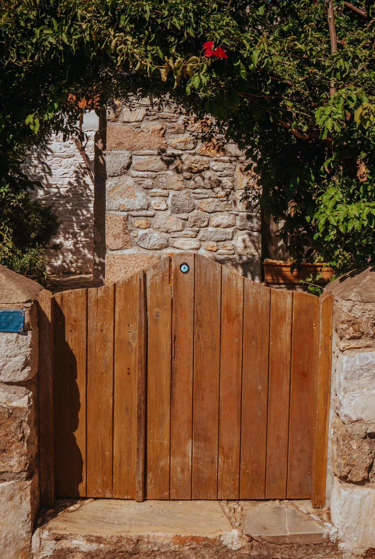 A closed wooden gate set into a stone wall, with a small round latch at the top and greenery hanging over it