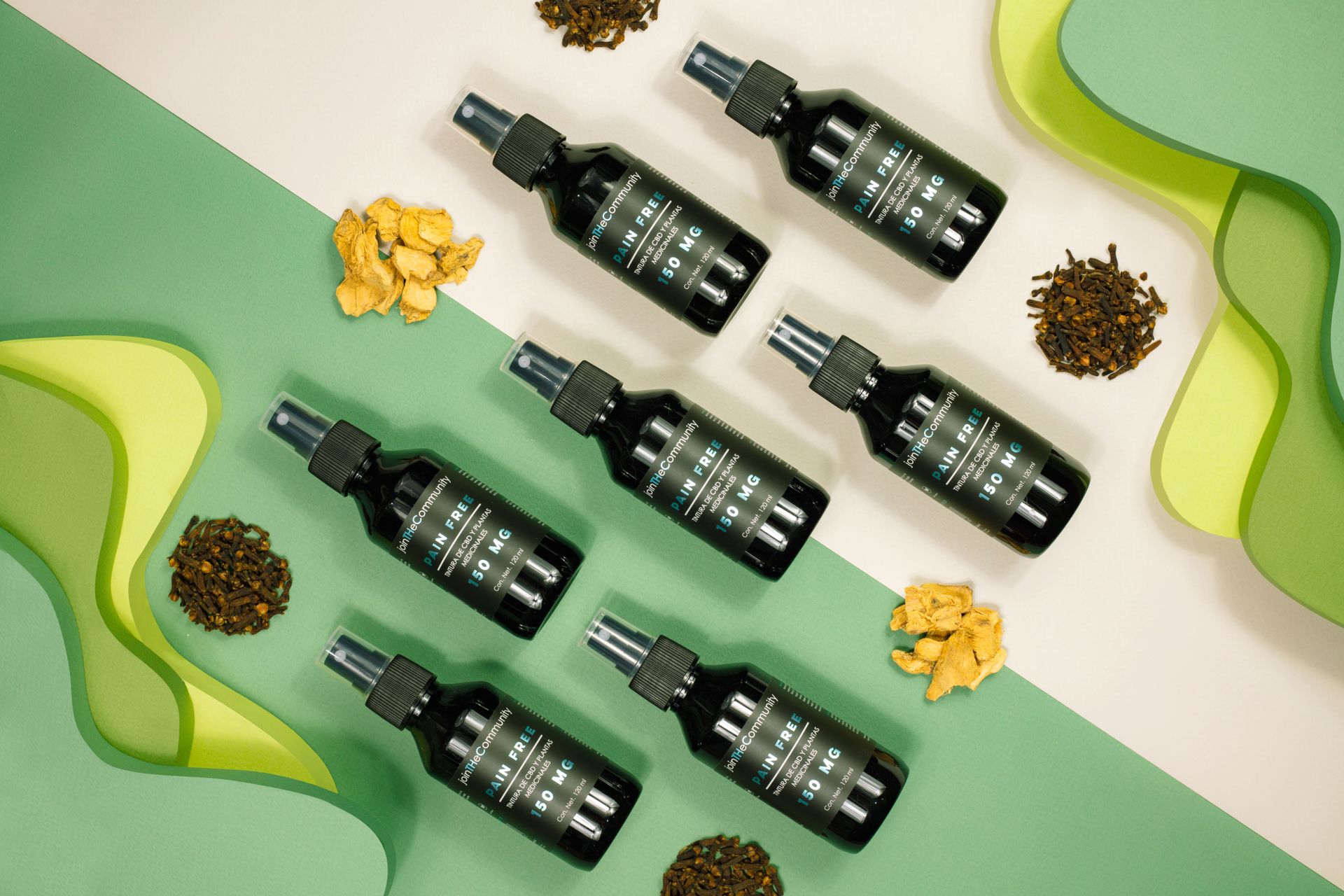 Top view of herbal skincare serum bottles on an abstract background with natural ingredients.