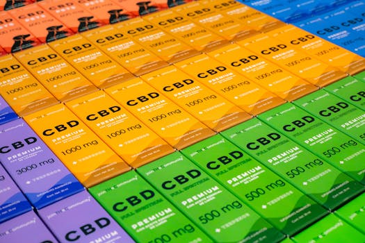 Multi-colored CBD product boxes arranged neatly in a retail display in Mexico City.