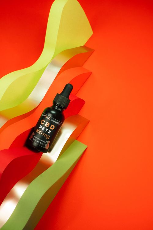Free CBD oil bottle displayed on a bright abstract background with colorful paper waves. Stock Photo