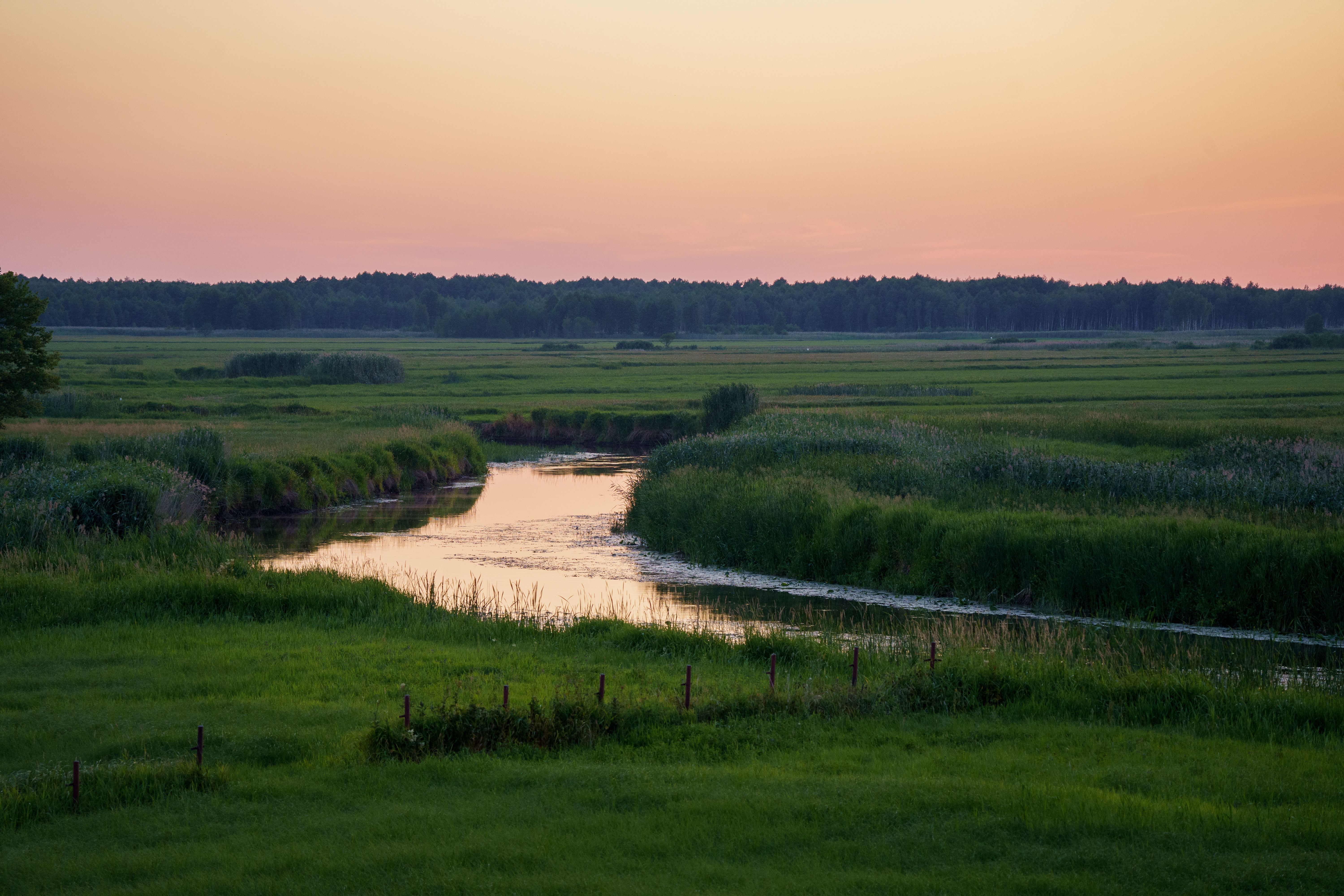 A tranquil rural river landscape at dusk in Dolistowo Nowe, Podlaskie Voivodeship, Poland.