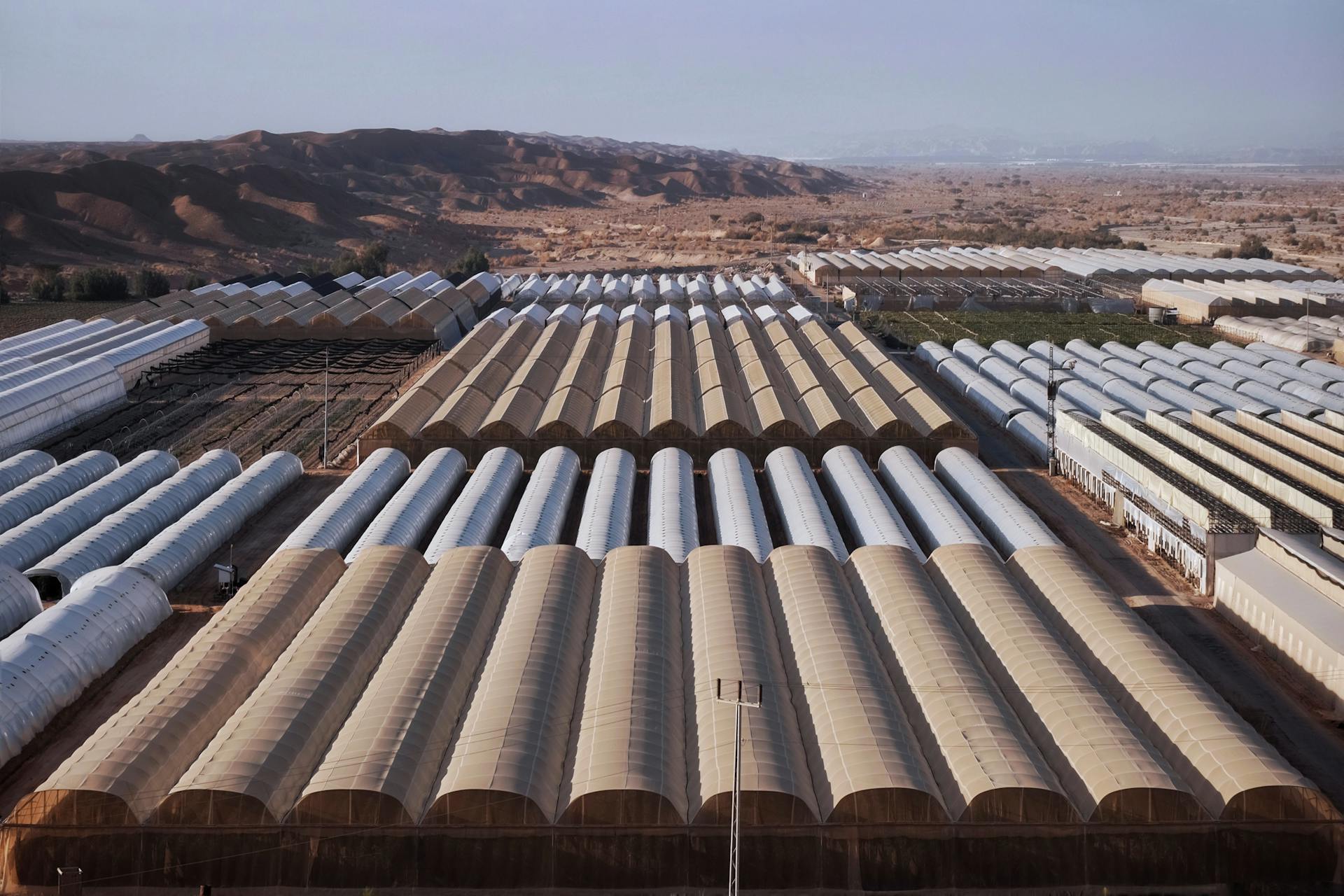 Drone shot capturing the expansive layout of greenhouses in a desert landscape.