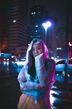 夜晚的城市街道上，一位穿着雨衣的女人与五颜六色的灯光和倒影融为一体