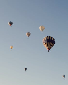 Hot air balloons gracefully floating against a clear blue sky, capturing serenity and adventure.