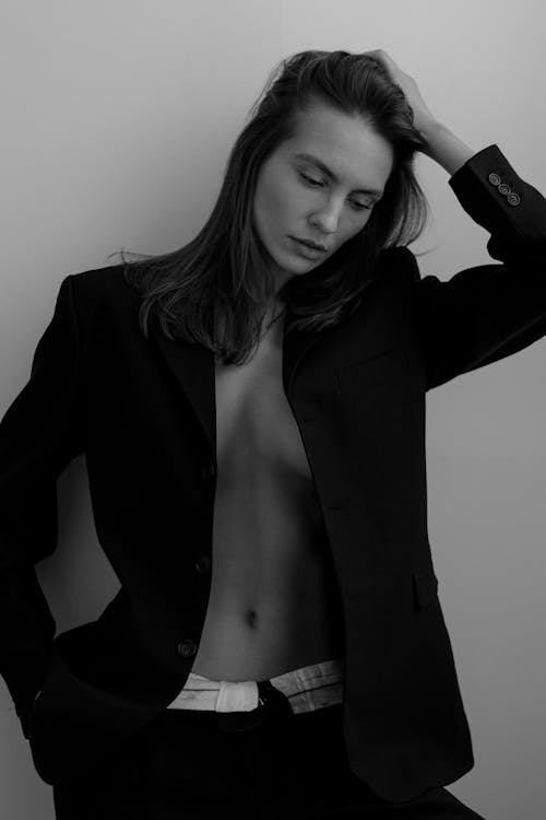 Woman in Unzipped Jacket in Black and White