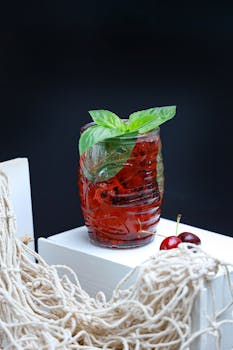 A cool cherry and basil infused drink with mint garnish, perfect for summer refreshment.