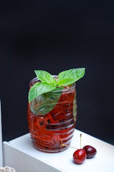 A vibrant cherry and basil drink in a decorative glass, styled for a fresh summer treat.