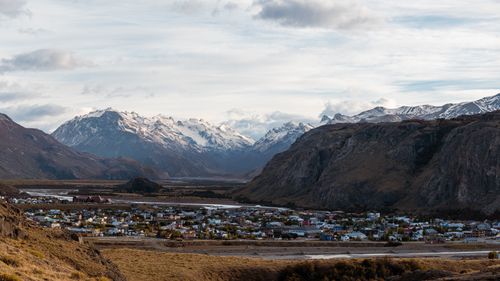 Free Breathtaking view of El Chaltén village against the backdrop of Patagonian mountains in Argentina. Stock Photo
