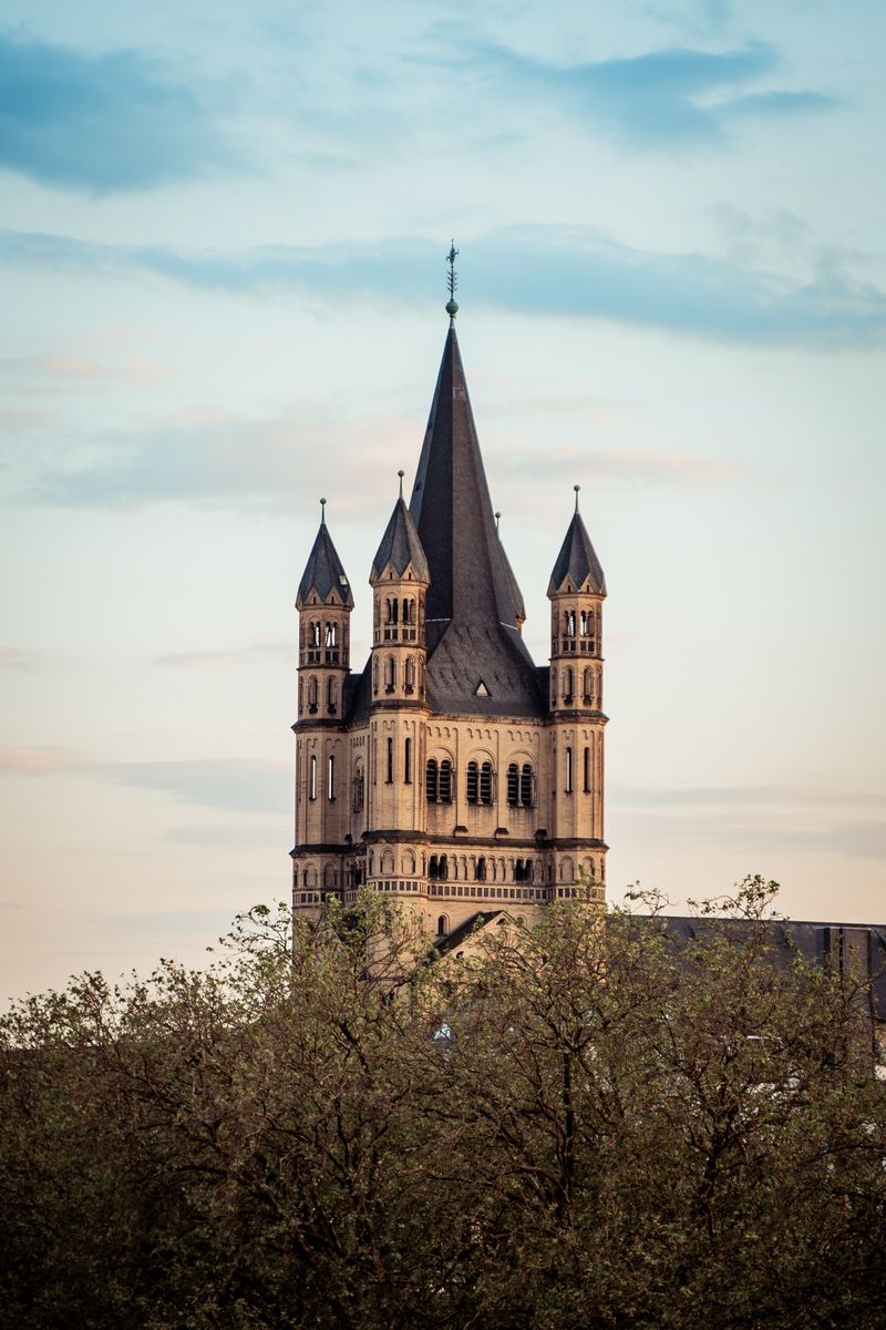 Tower of Great St. Martin Church in Cologne at dusk