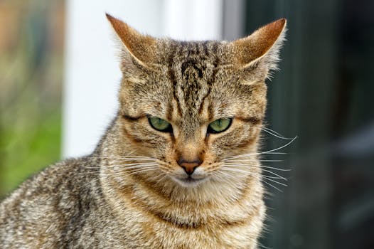 A detailed close-up of a tabby cat with vibrant green eyes looking intently at the camera.