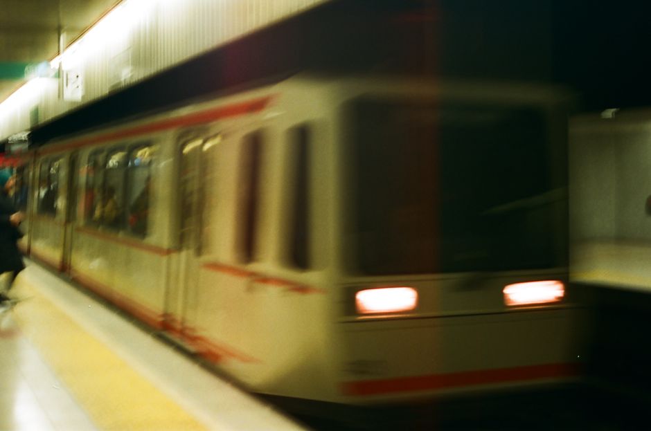 Athens Metro train arriving at a station in Greece