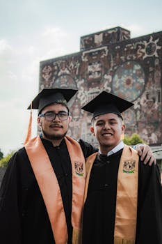 Two young men in graduation gowns and caps pose in front of a decorated campus building.