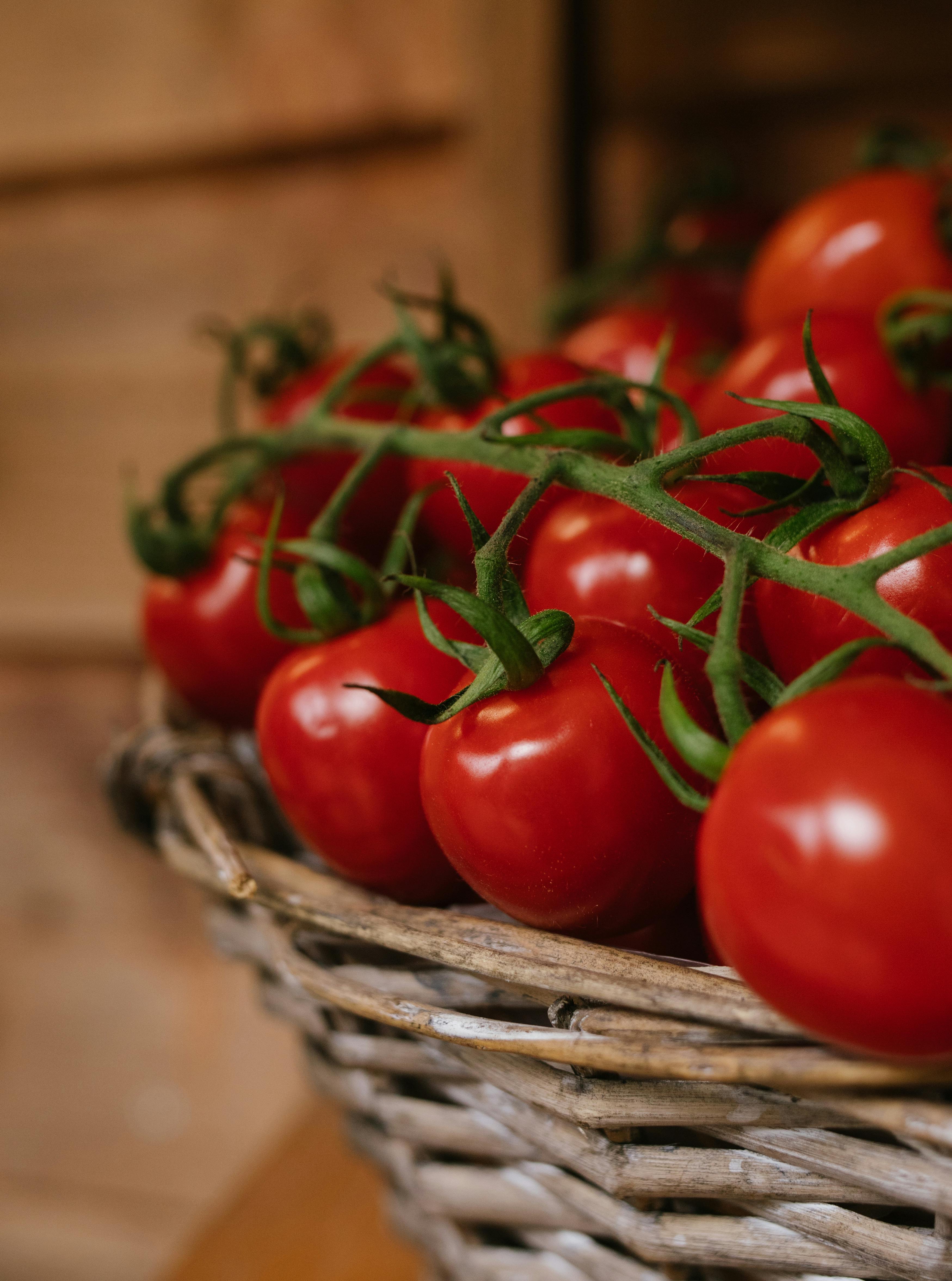 Close-up of ripe red tomatoes in a wicker basket, ready for cooking or salads.