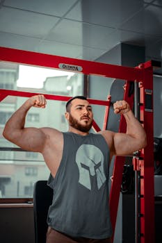 Muscular man flexing in gym wearing sportswear, showcasing strength and fitness.