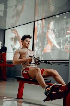 Muscular man in gym workout on rowing machine, showcasing strength and determination.