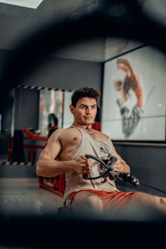 Muscular man working out on rowing machine in gym, showing determination and focus.