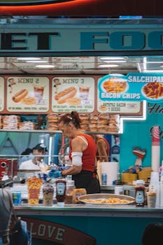 Street food vendor serving fast food at a vibrant market booth in Valencia, Spain.