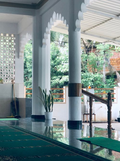Free Peaceful mosque interior featuring columns, a houseplant, and green carpet with natural light. Stock Photo
