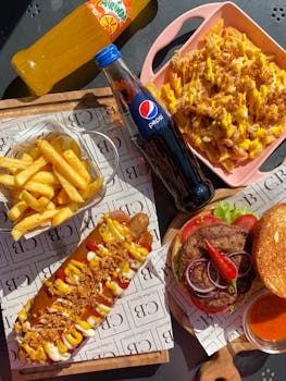 A tempting spread of fast food options including a burger, hot dog, and fries with cold drinks on a sunny day.
