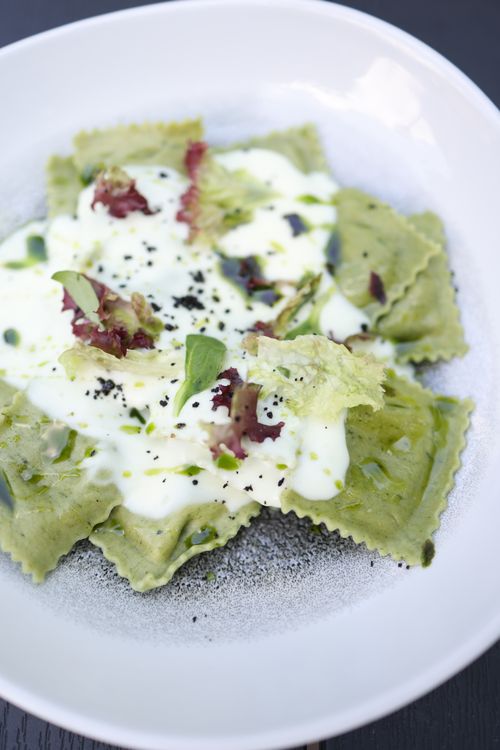 Free Delicious green ravioli topped with creamy sauce and herbs. Perfect gourmet meal. Stock Photo