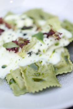 Cheese And Spinach-filled With Cream Sauce Ravioli
