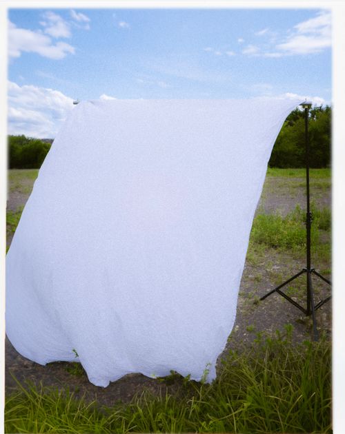 Free A white cloth backdrop on a stand in a rural outdoor setting, ideal for photography shoots. Stock Photo