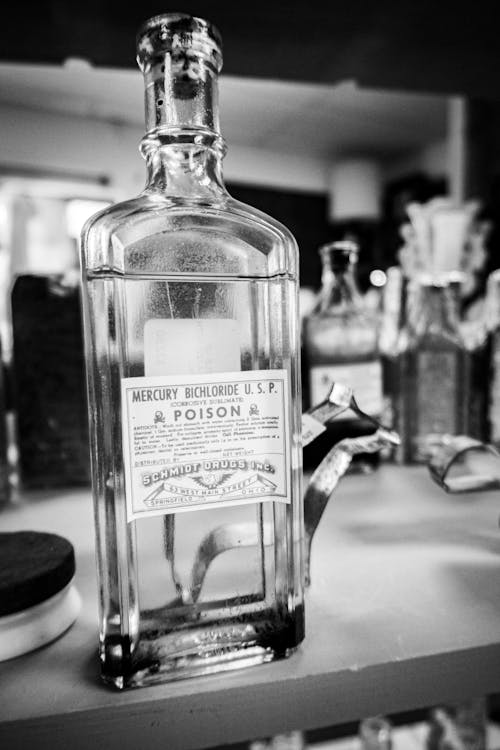 Free stock photo of antique bottle, antiques, black and white photo