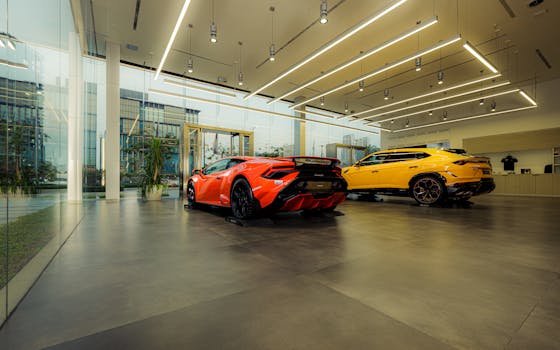 Showroom featuring luxury sports cars, Lamborghini models, with sleek design and modern architecture.