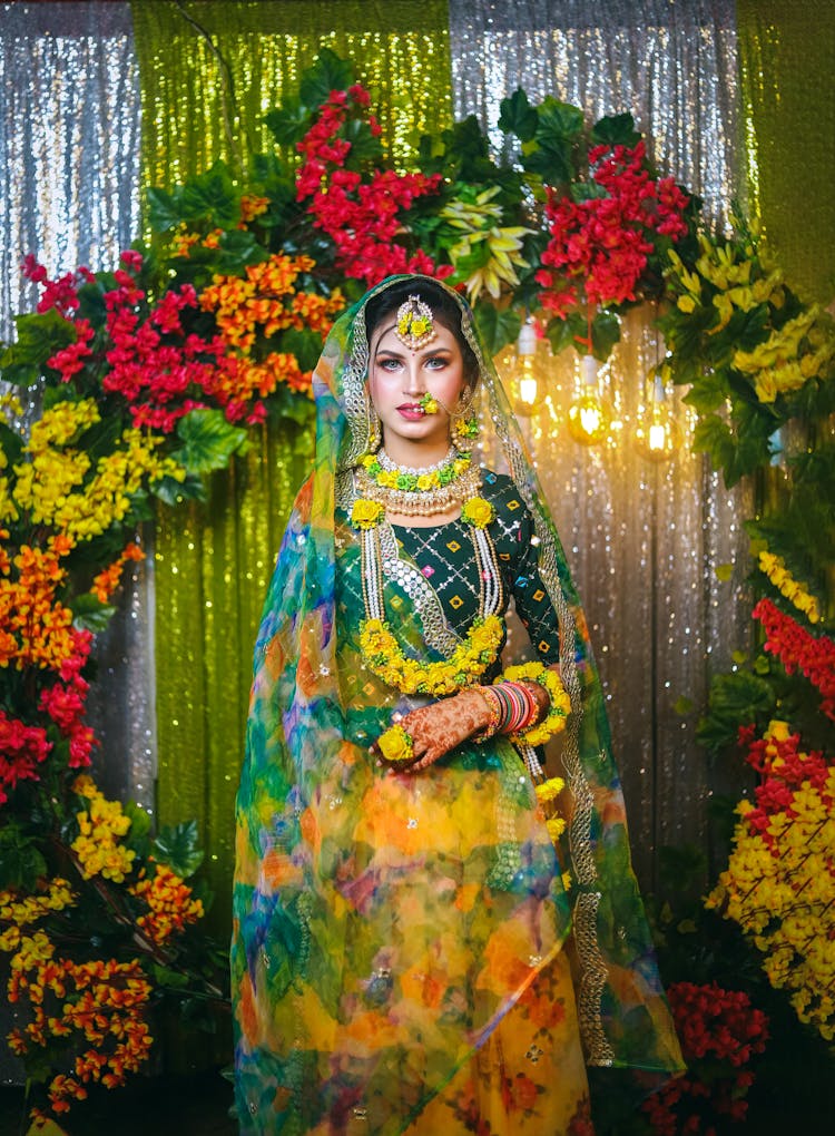 Beautiful Woman Posing In Traditional Indian Wedding Dress