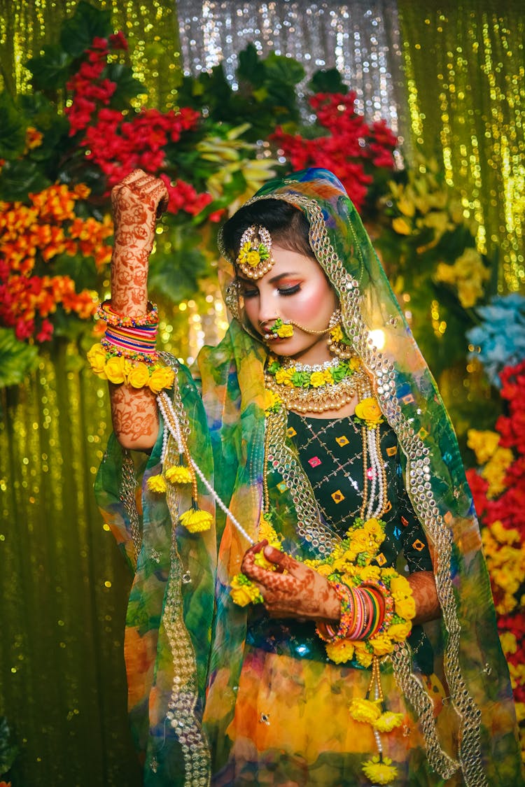 Bride Posing In Colorful Traditional Indian Dress 