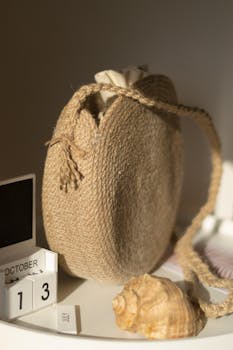 Sunlit scene featuring a rattan purse, conch shell, and calendar on October 13th.