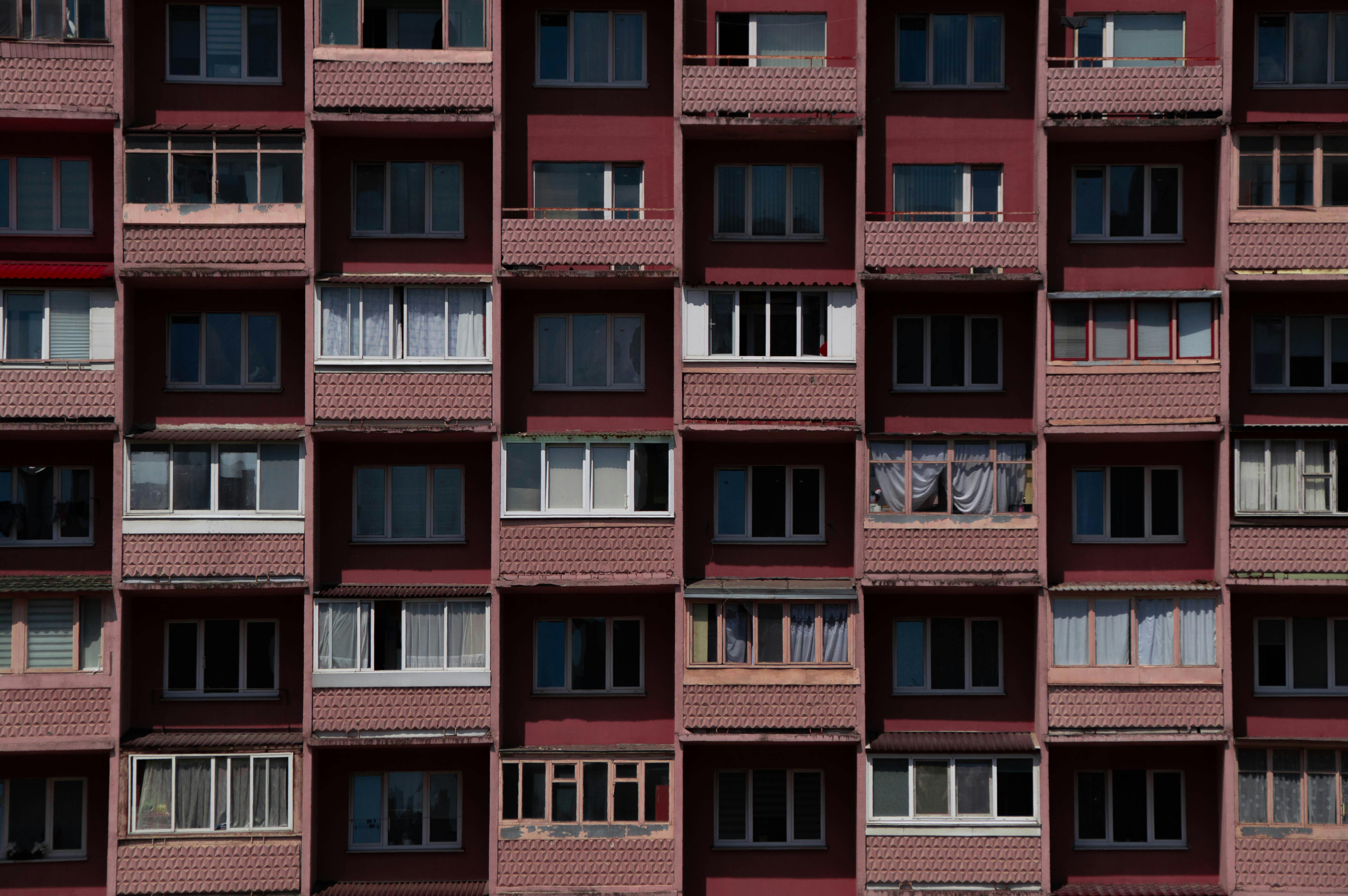 Close-up view of a residential apartment building facade in Minsk, Belarus highlighting architecture.