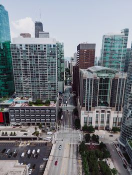 Stunning aerial view of downtown Chicago's modern skyscrapers on a clear day.